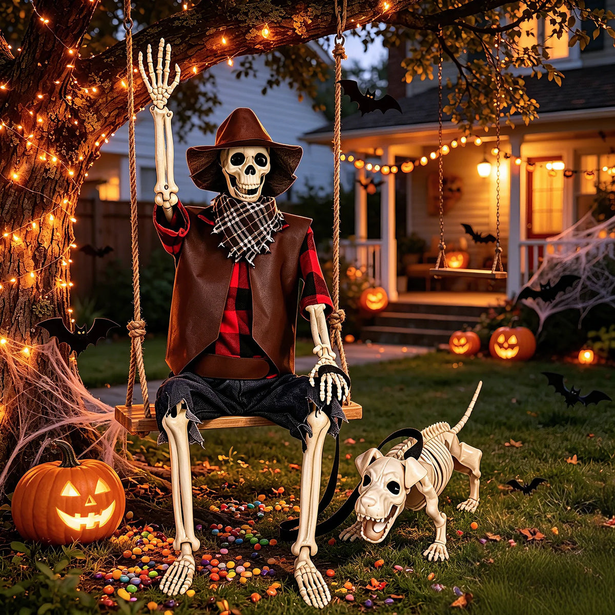 Western Cowboy Posable Skeleton Dog Set Halloween Outdoor Yard Decor