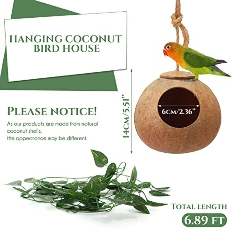 Coconut Bird Nest Hut Hanging Bird House 3 Pack Vines