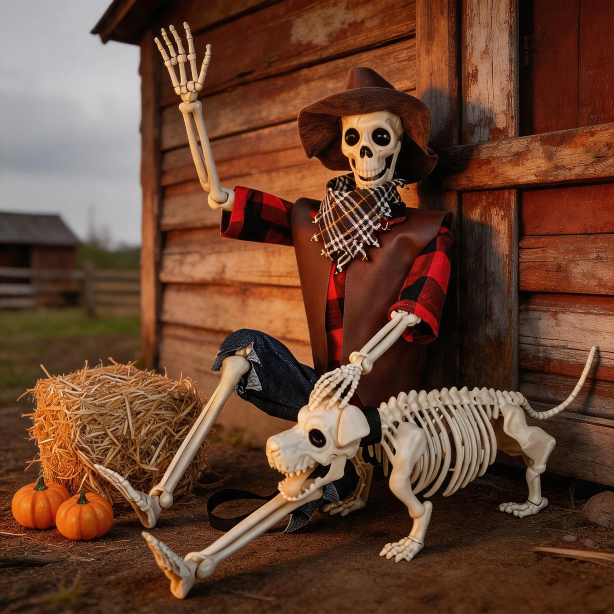 Western Cowboy Posable Skeleton Dog Set Halloween Outdoor Yard Decor