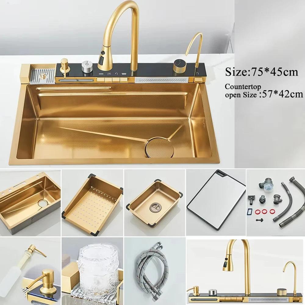 MYQualife 304 Stainless Steel Waterfall Kitchen Sink With Digital Faucet
