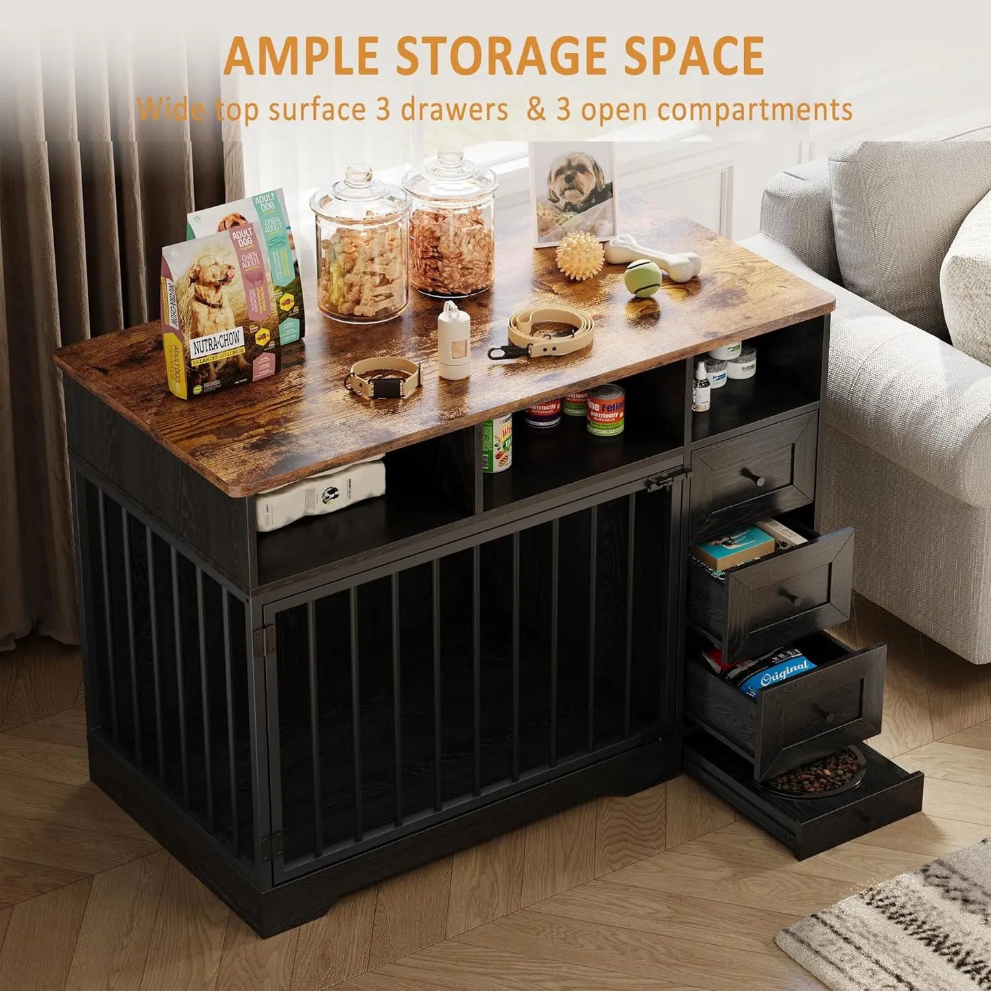 HiMISS Dog Crate Furniture With Bowl And Storage Drawers