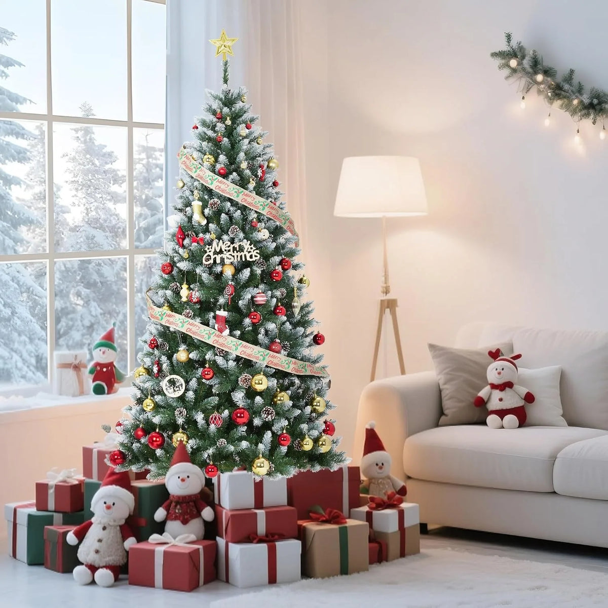 ANIXOL Pre-Lit Flocked Artificial Christmas Tree With Warm White Lights