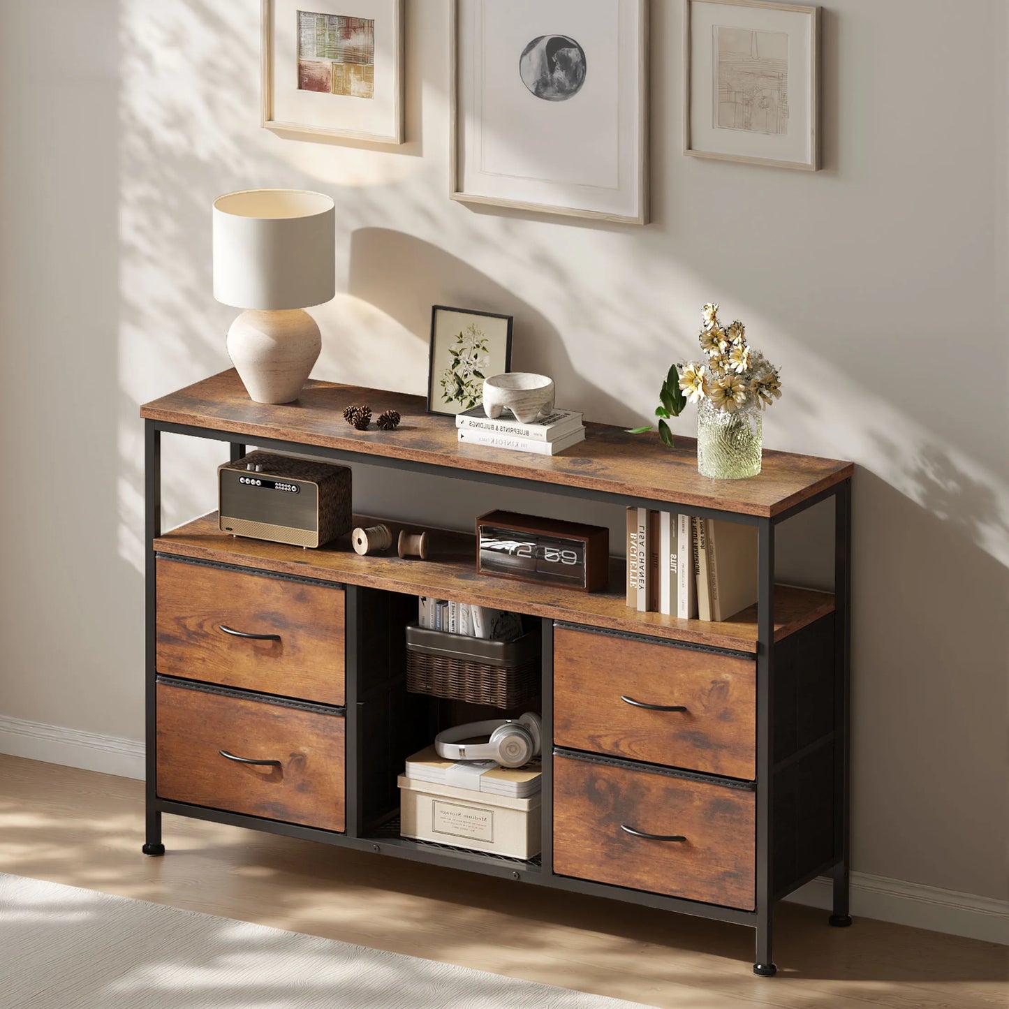 JHK 4-Drawer TV Stand With LED Lights And Power Outlets