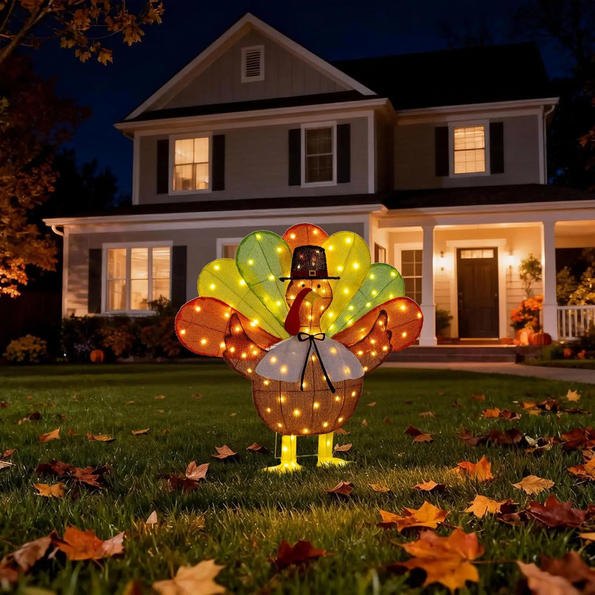 SHXI LED Thanksgiving Turkey Ornament Display Featuring Pilgrim Hat Details