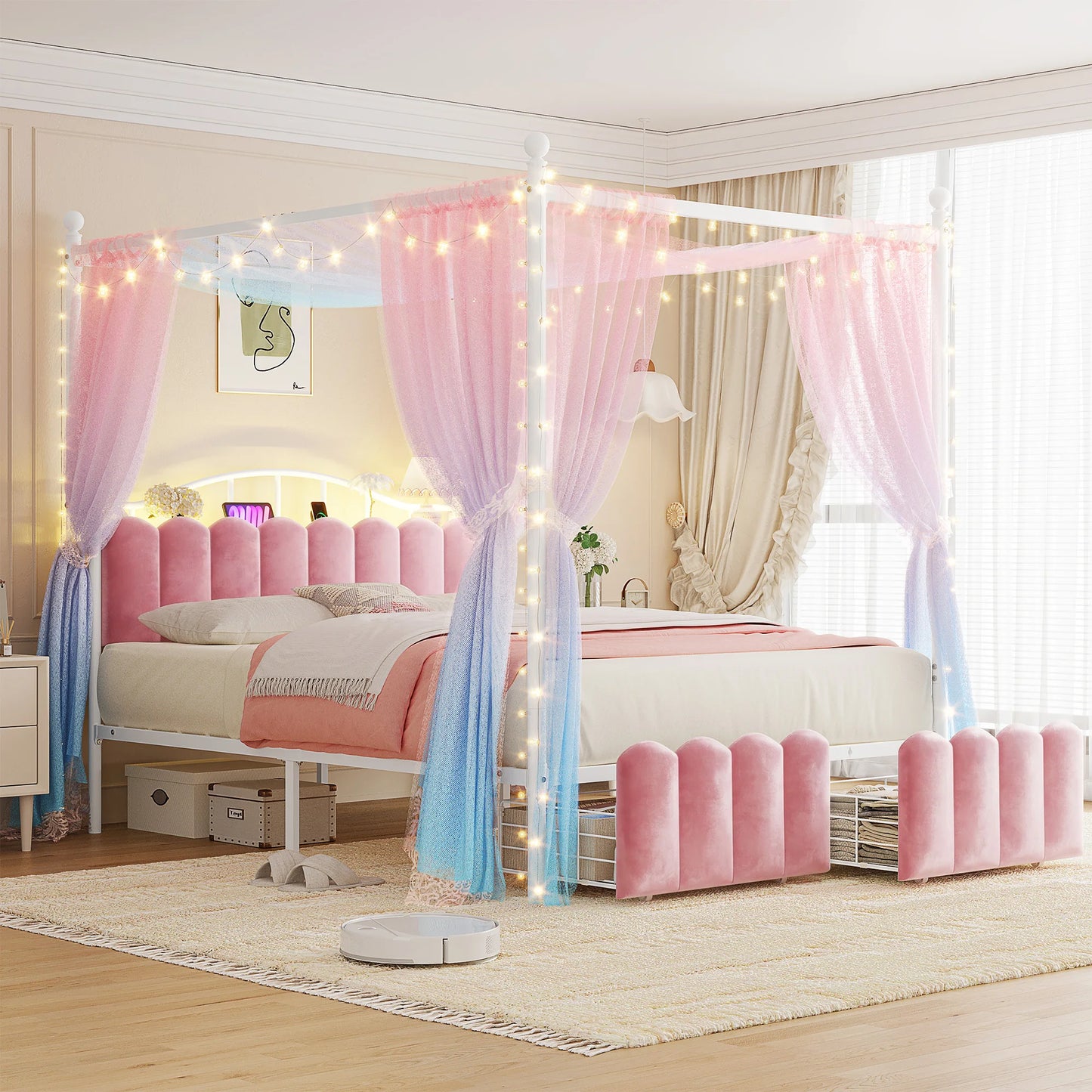 EnHomee Canopy Bed Frame With Storage Headboard And Charging Station