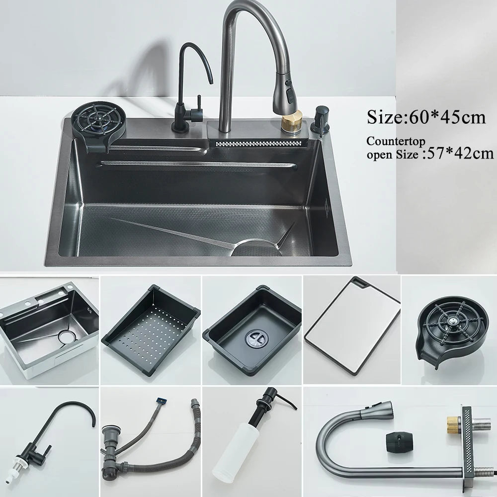 MYQualife 304 Stainless Steel Waterfall Kitchen Sink With Digital Faucet