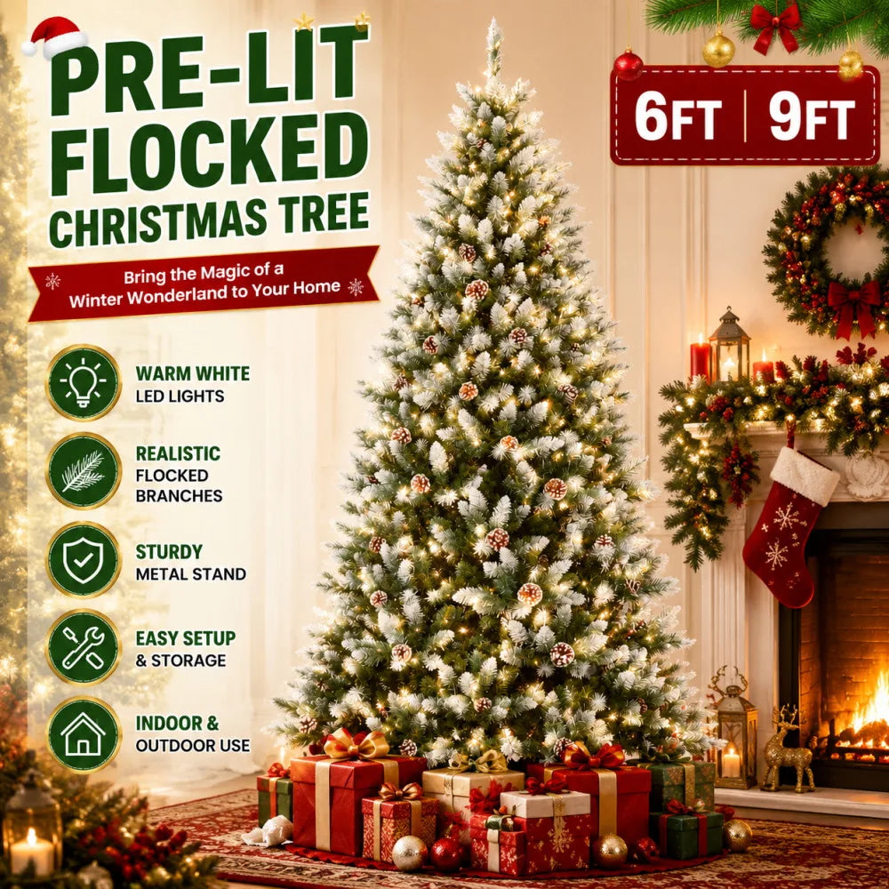 ANIXOL Pre-Lit Flocked Artificial Christmas Tree With Warm White Lights