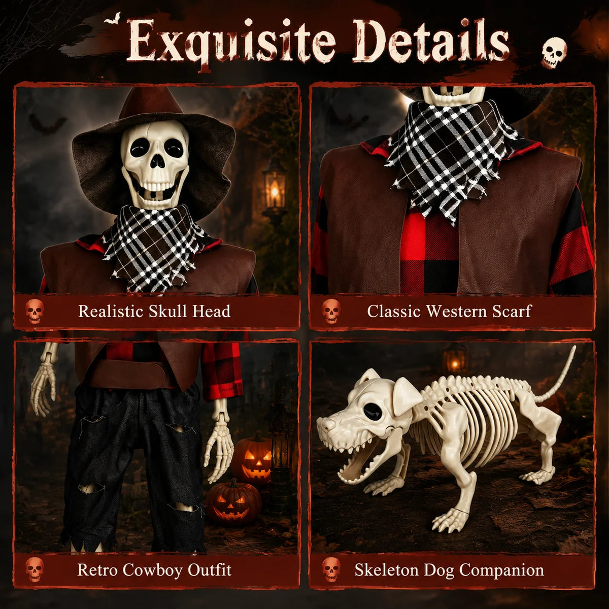 Western Cowboy Posable Skeleton Dog Set Halloween Outdoor Yard Decor
