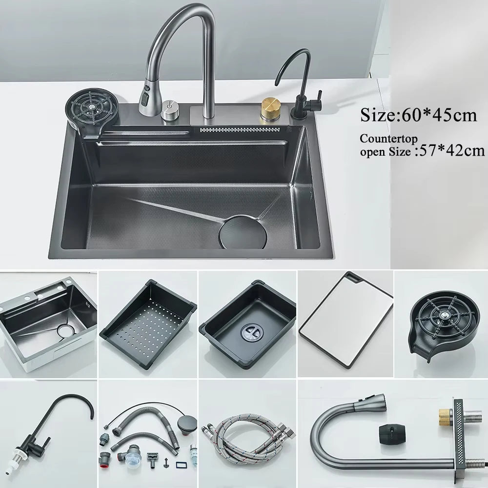 MYQualife 304 Stainless Steel Waterfall Kitchen Sink With Digital Faucet