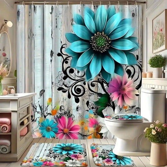 Countryside Floral Bathroom Set With Non Slip Mat And Curtain