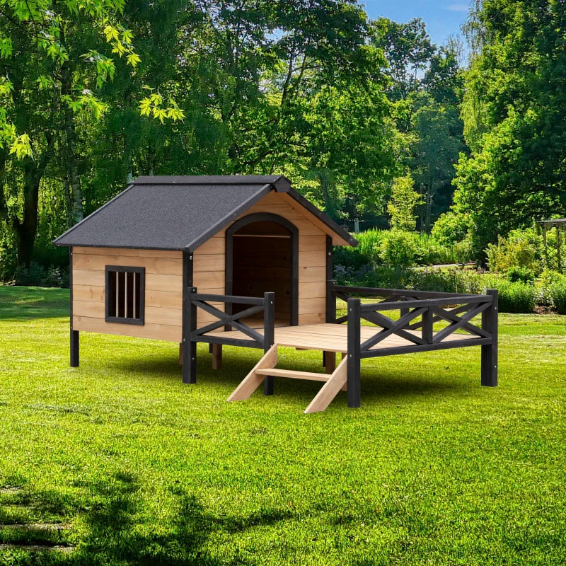 Wooden Dog House With Porch And Protective Fence Waterproof Tile Roof