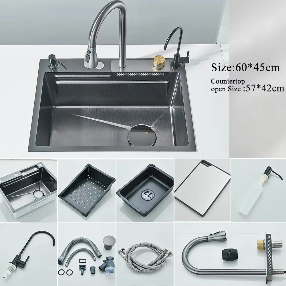MYQualife 304 Stainless Steel Waterfall Kitchen Sink With Digital Faucet