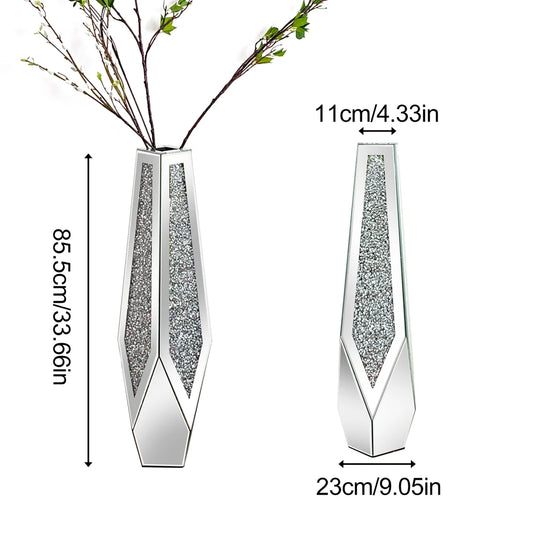 Crushed Diamond Mirrored Floor Vase With Glass Crystal Accents