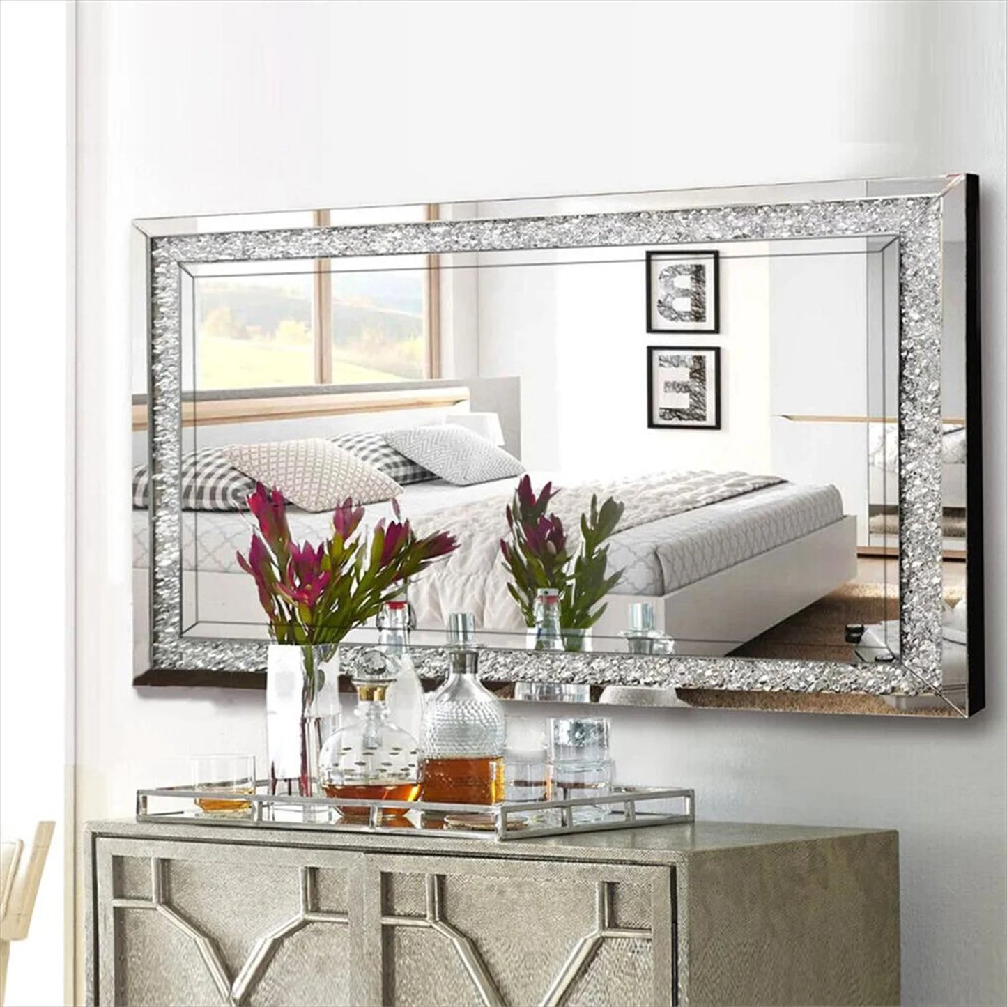 Crystal Crush Diamond Framed Wall Mirror For Living Room