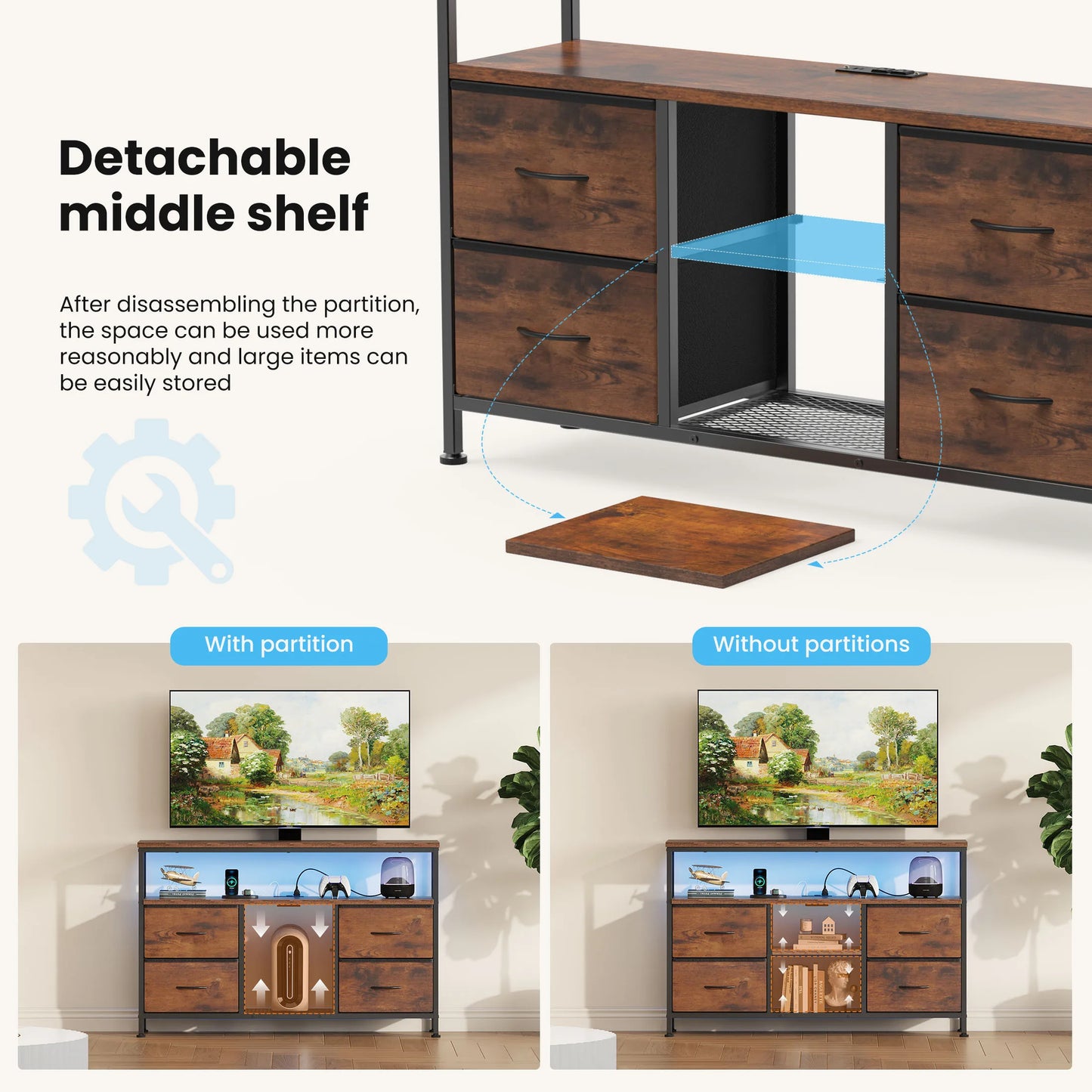 JHK 4-Drawer TV Stand With LED Lights And Power Outlets