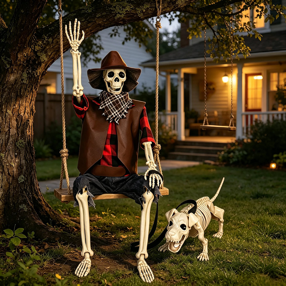Western Cowboy Posable Skeleton Dog Set Halloween Outdoor Yard Decor