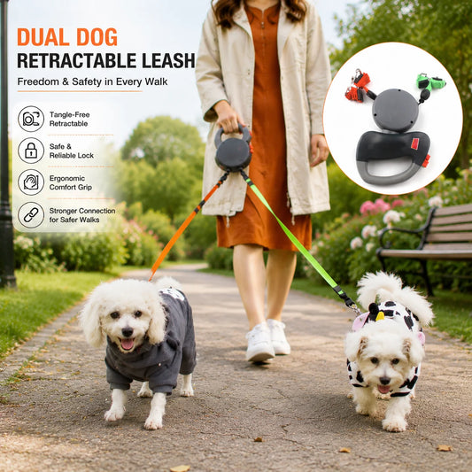 Self Retracting Dual Head Dog Leash With 360 Degree Lead