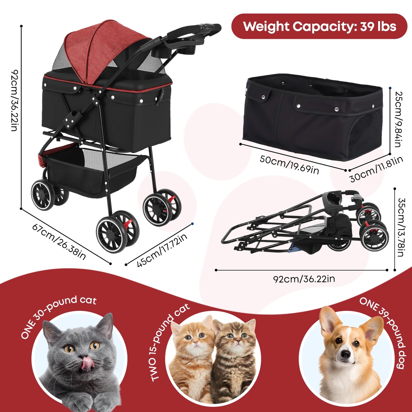 CHIHUAHUA Pet Stroller For Cats And Dogs Foldable Three Wheels Breathable Canopy