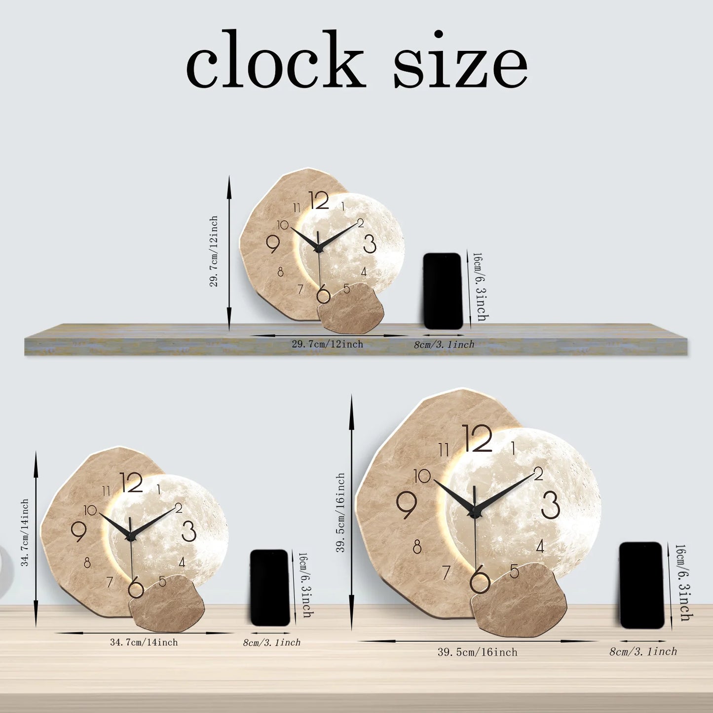 Modern Silent Moon Design Wooden Wall Clock With Quartz Movement