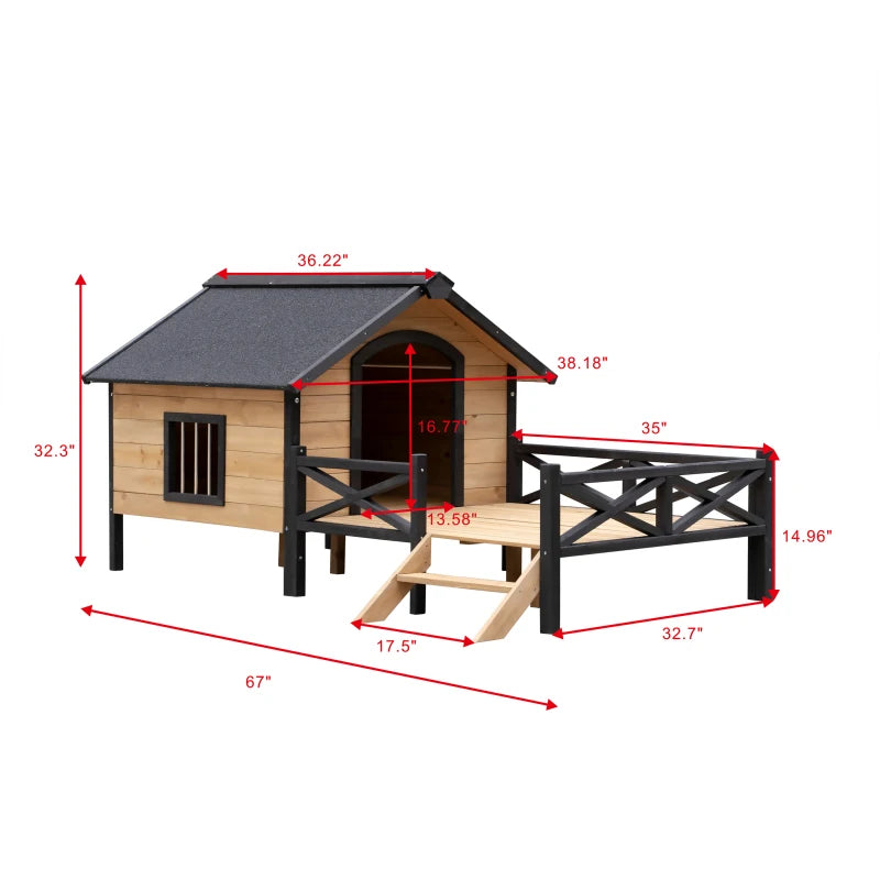 Wooden Dog House With Porch And Protective Fence Waterproof Tile Roof
