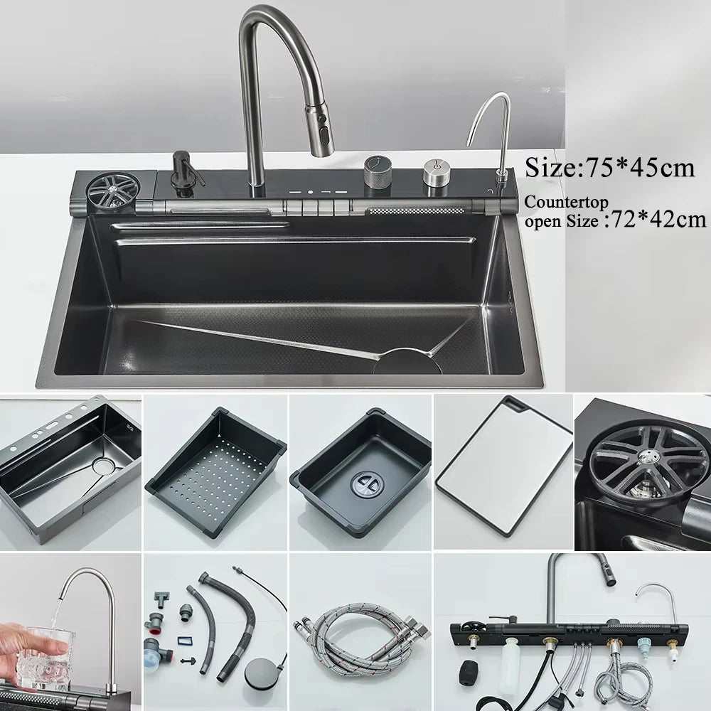 MYQualife 304 Stainless Steel Waterfall Kitchen Sink With Digital Faucet