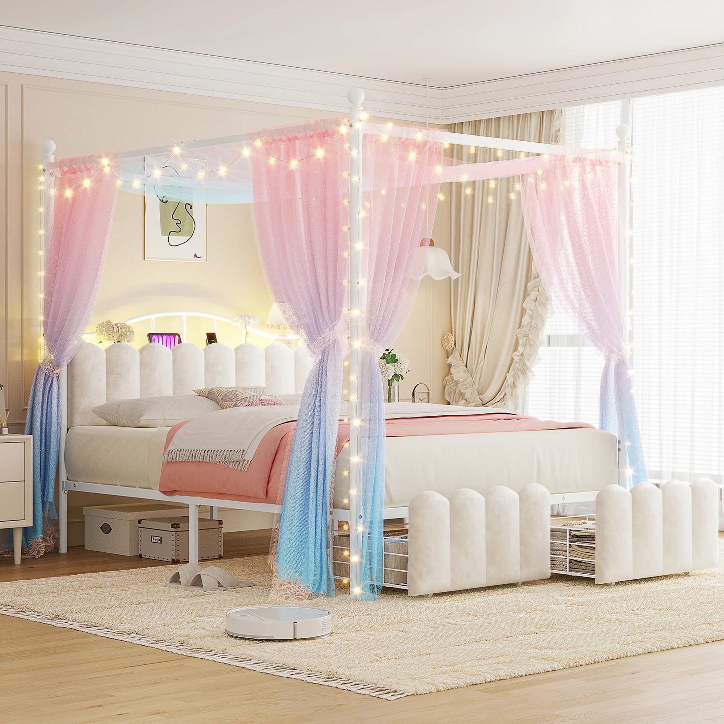 EnHomee Canopy Bed Frame With Storage Headboard And Charging Station