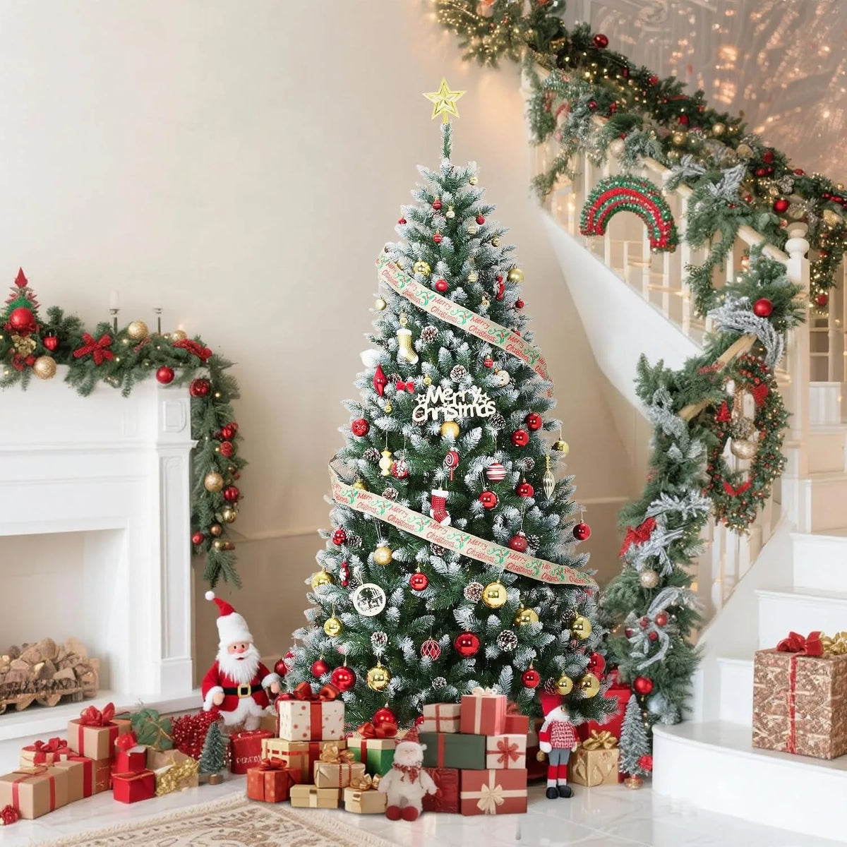 ANIXOL Pre-Lit Flocked Artificial Christmas Tree With Warm White Lights