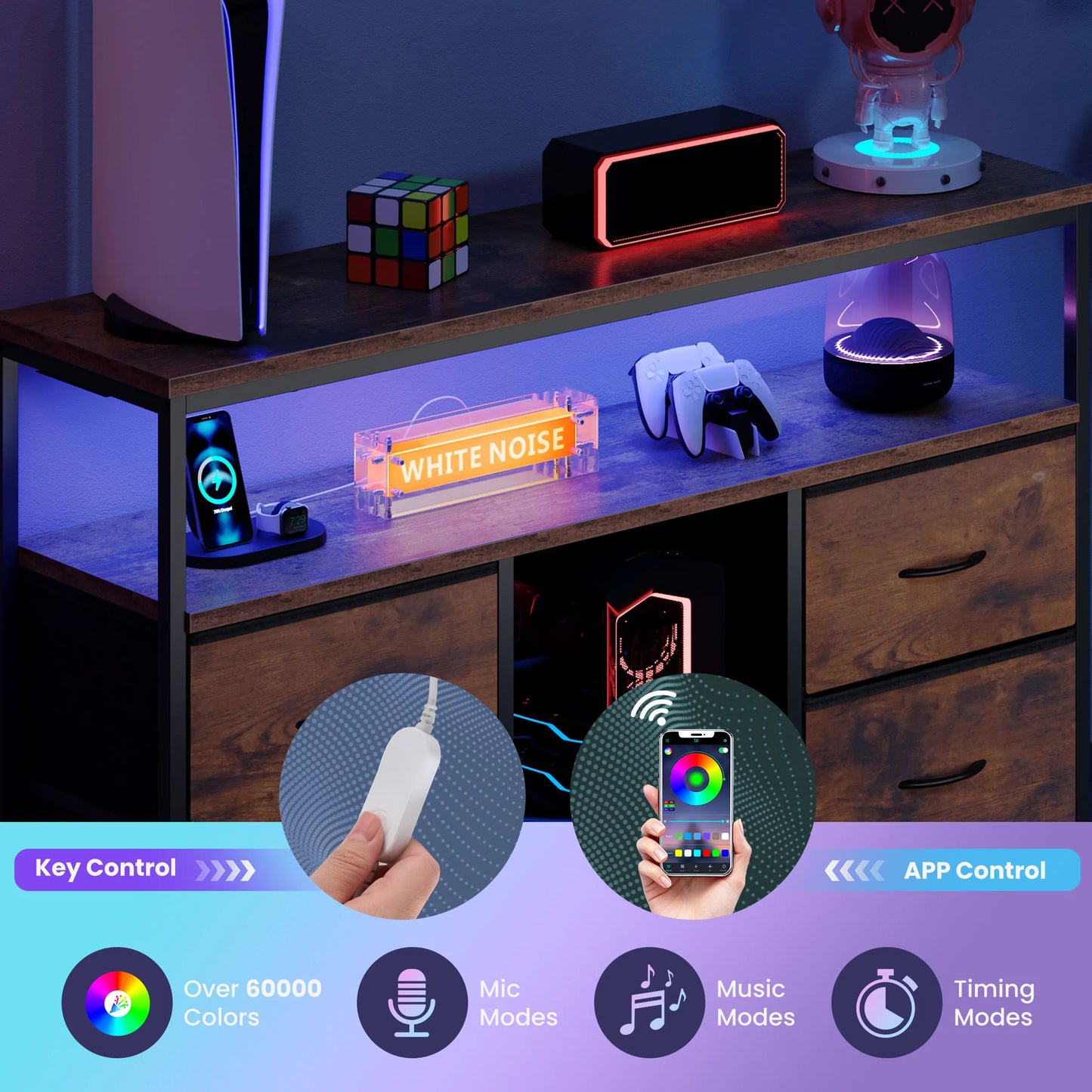 JHK 4-Drawer TV Stand With LED Lights And Power Outlets