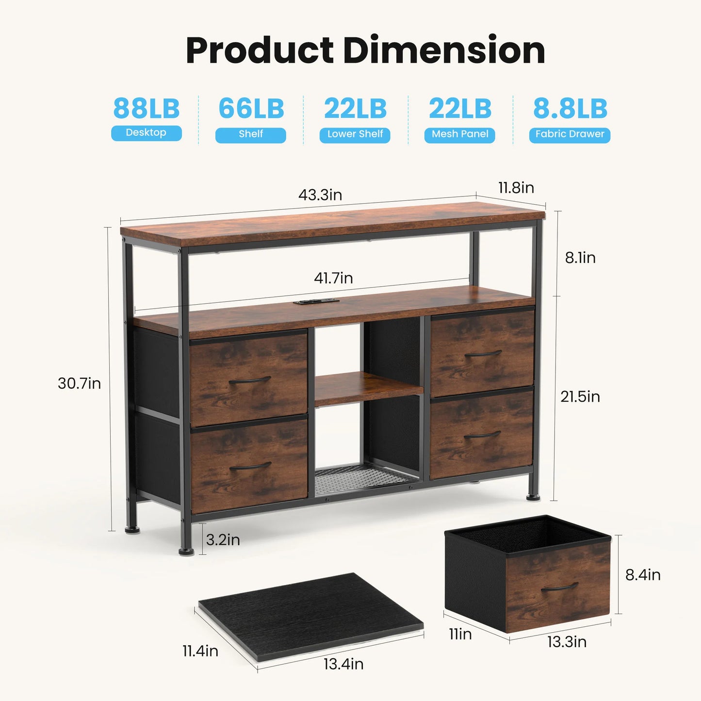 JHK 4-Drawer TV Stand With LED Lights And Power Outlets