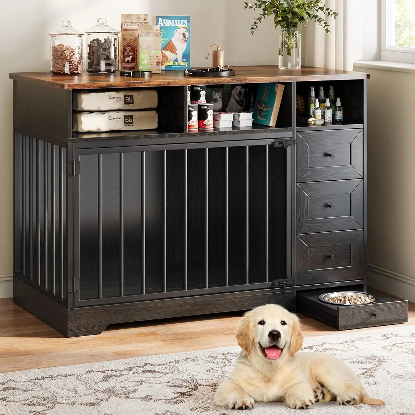 HiMISS Dog Crate Furniture With Bowl And Storage Drawers
