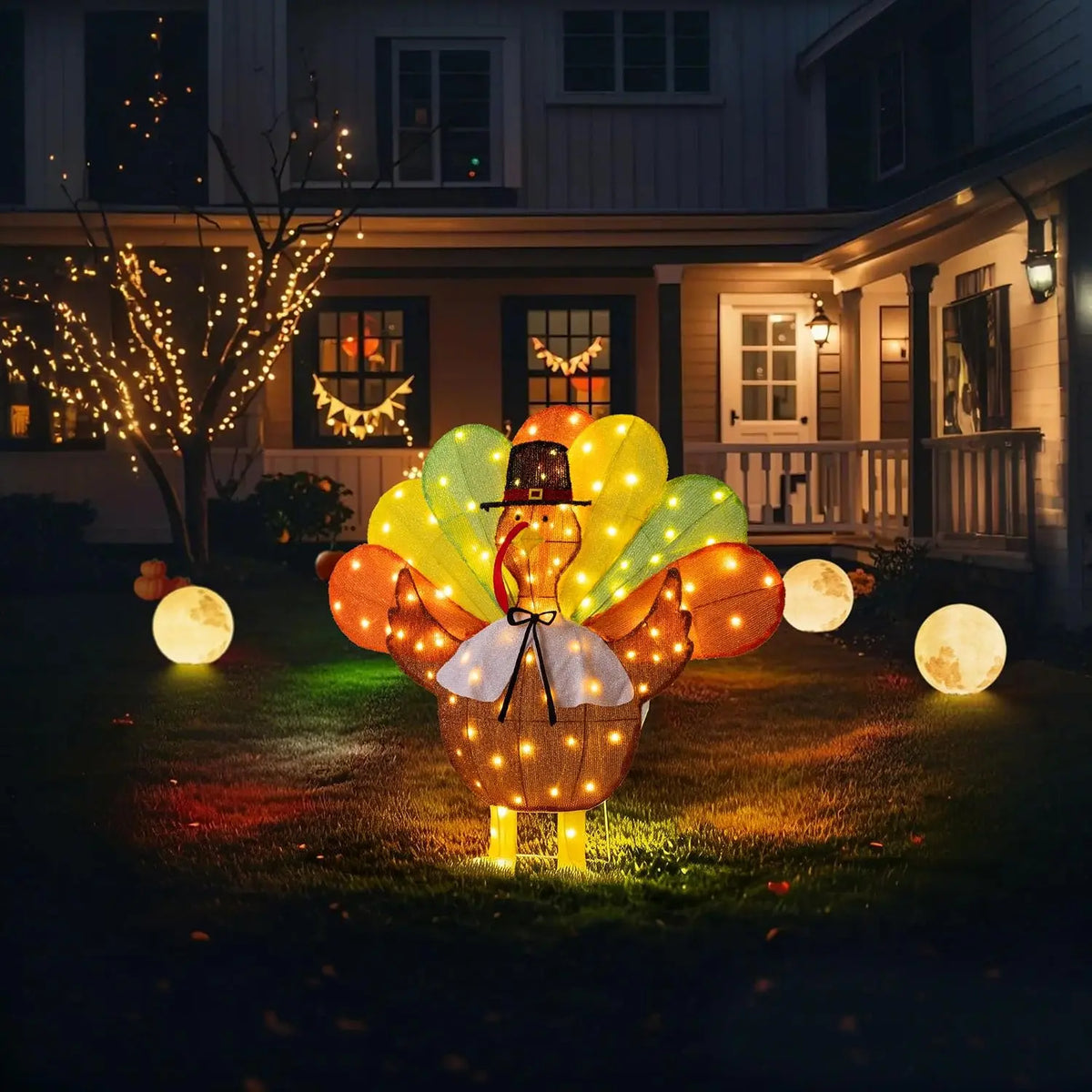 SHXI LED Thanksgiving Turkey Ornament Display Featuring Pilgrim Hat Details