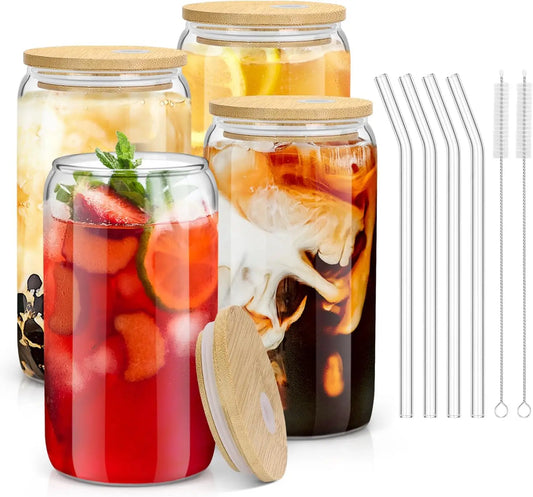 4Pcs 18.6Oz Glasses With Bamboo Lids And Glass Straws
