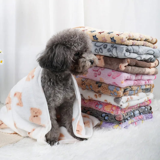 Soft Fluffy Coral Fleece Dog Cat Blanket With Paw Print
