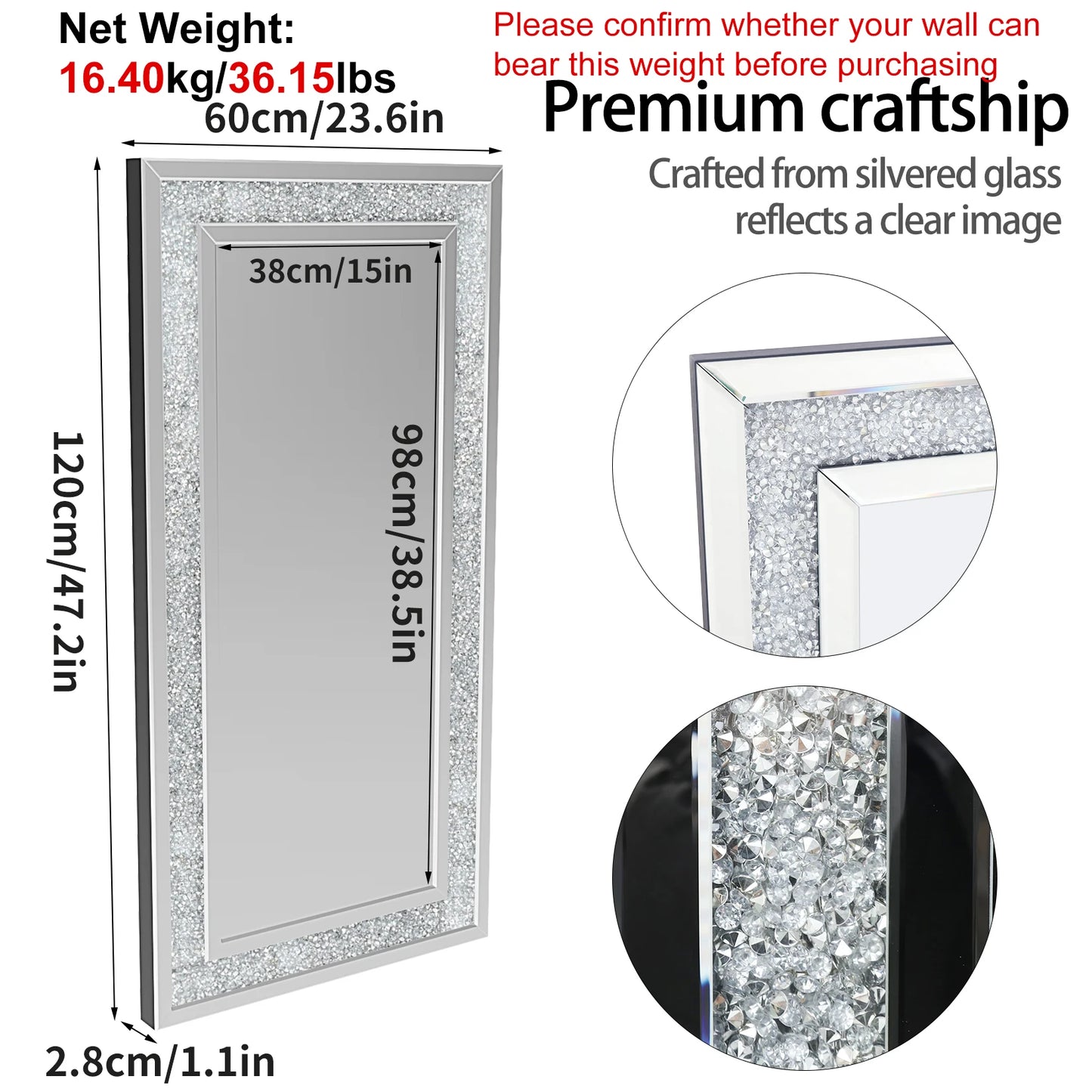 Crystal Crush Diamond Framed Wall Mirror For Living Room