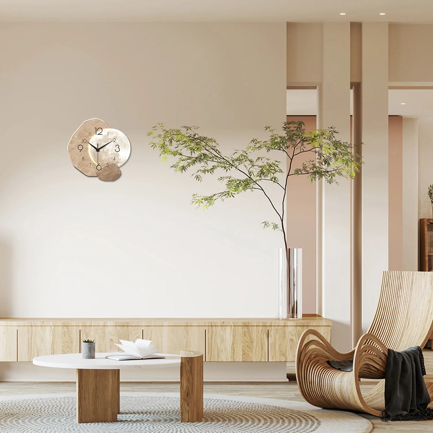 Modern Silent Moon Design Wooden Wall Clock With Quartz Movement